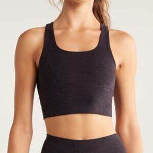 Zella Renew Seamless Rib Racerback Sports Bra Black Melange Heather Small